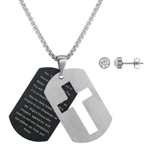 Stainless steel dog tag cross necklace & Earrings Set